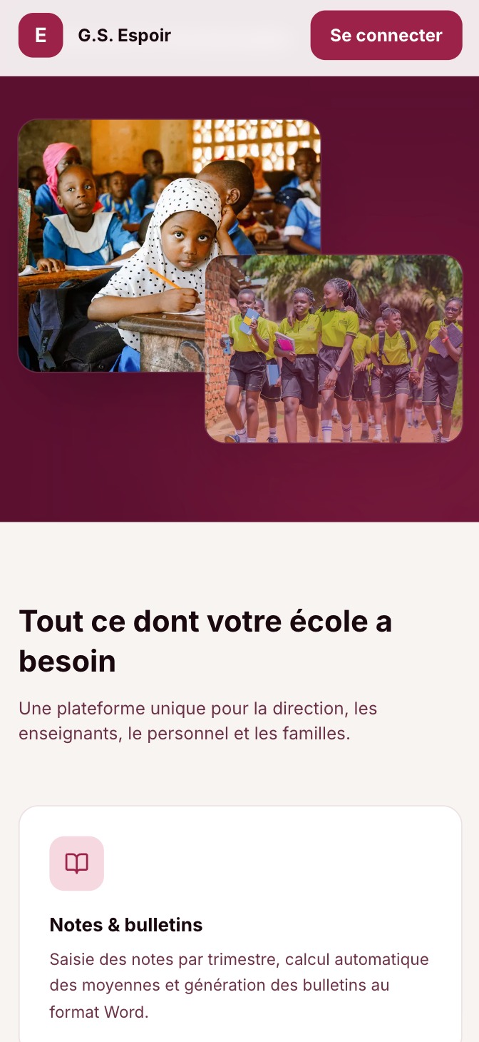 Écran d'accueil d'une application mobile de gestion scolaire développée par OneSoft